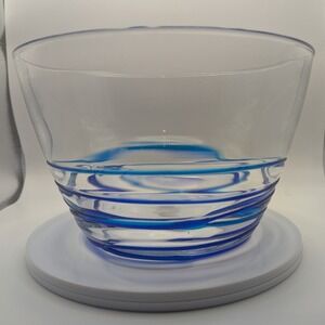 Art Glass Clear Serving Bowl Blue & Light Blue Swirls 8.5" Dia x 5.5" Tall